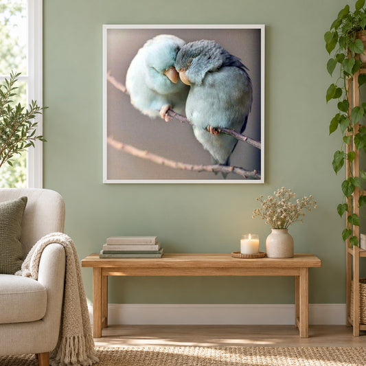 Verliebte Vögel als gerahmtes Diamond Painting im Wohnzimmer
