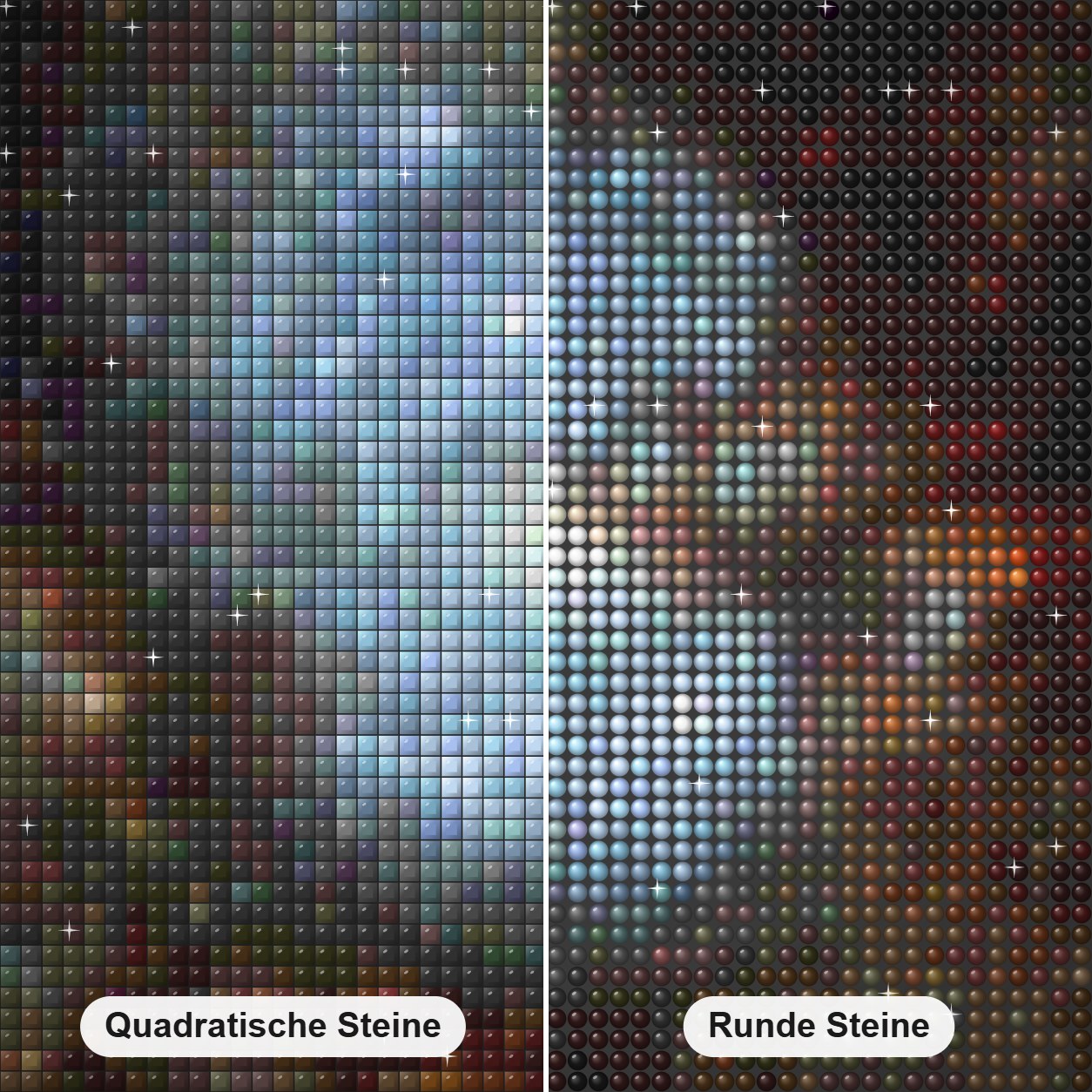 Versteckte Galaxie Diamond Painting Nahaufnahme mit quadratischen und runden Steinen