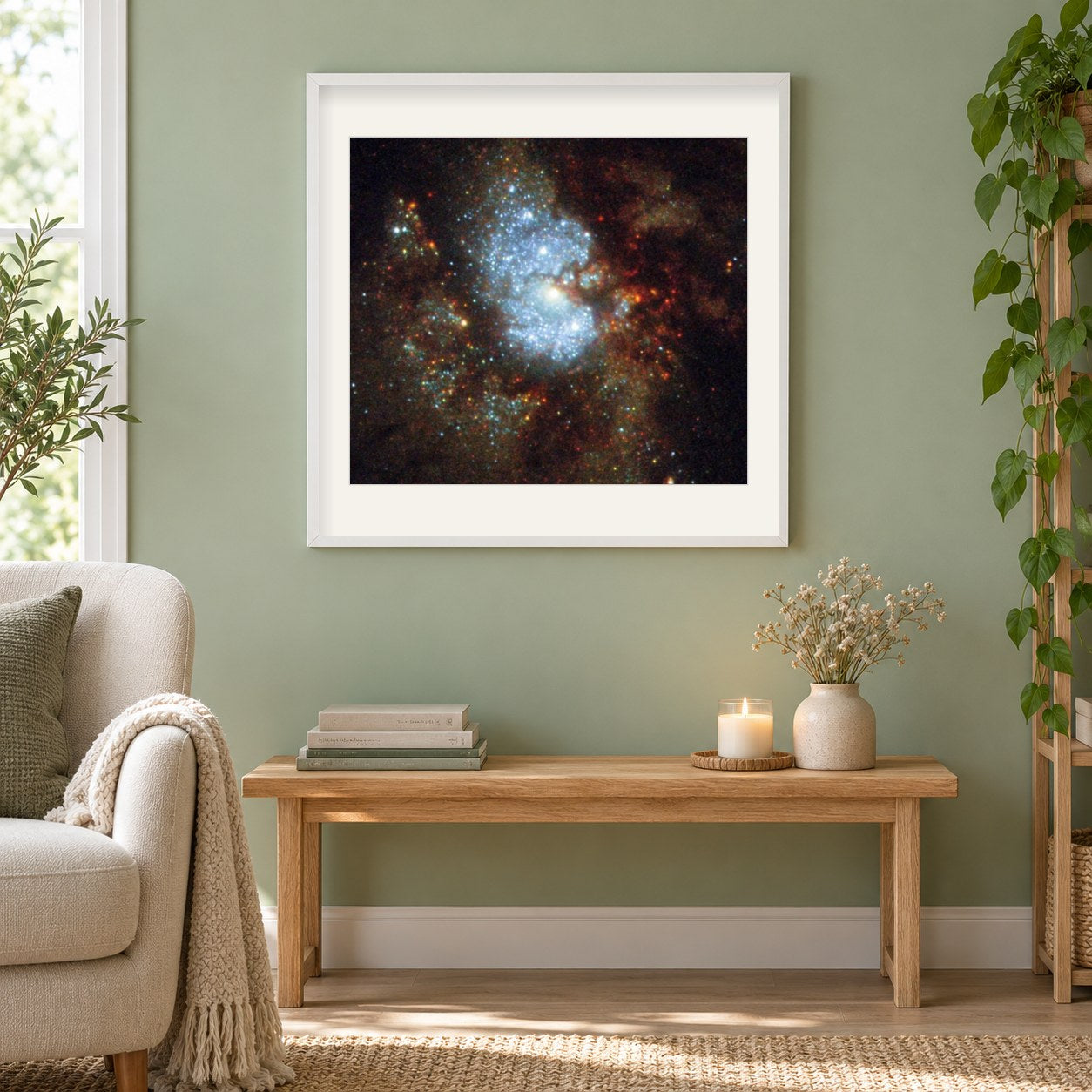 Versteckte Galaxie als gerahmtes Diamond Painting im Wohnzimmer