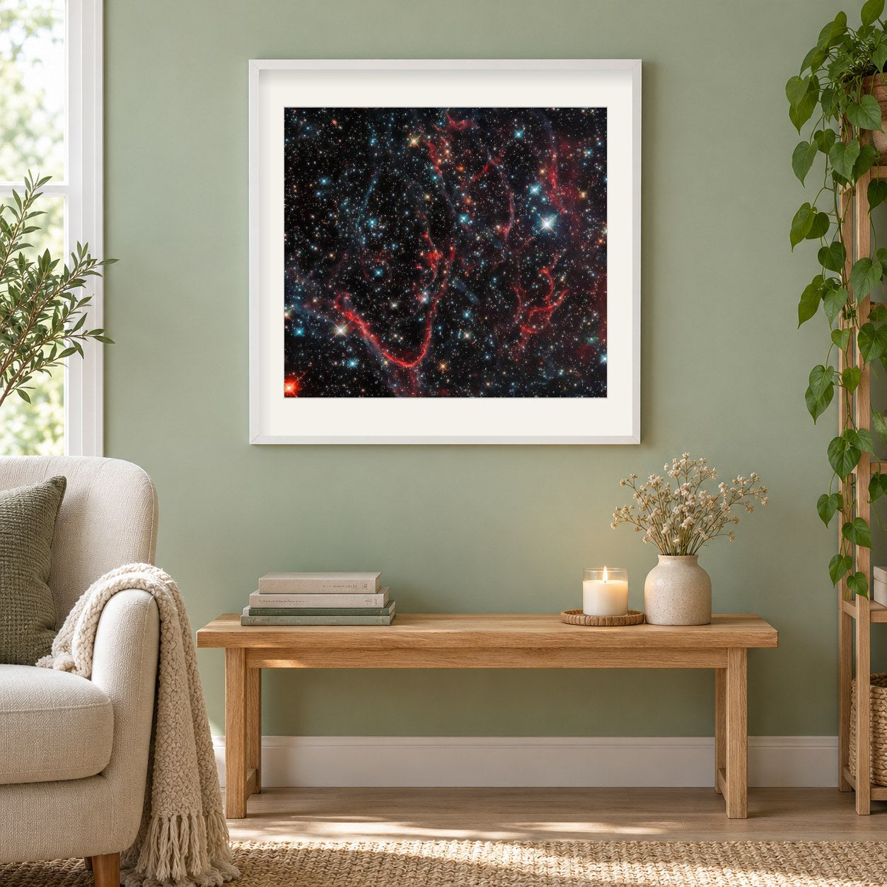 Verwickelte Überreste einer Supernova als gerahmtes Diamond Painting im Wohnzimmer
