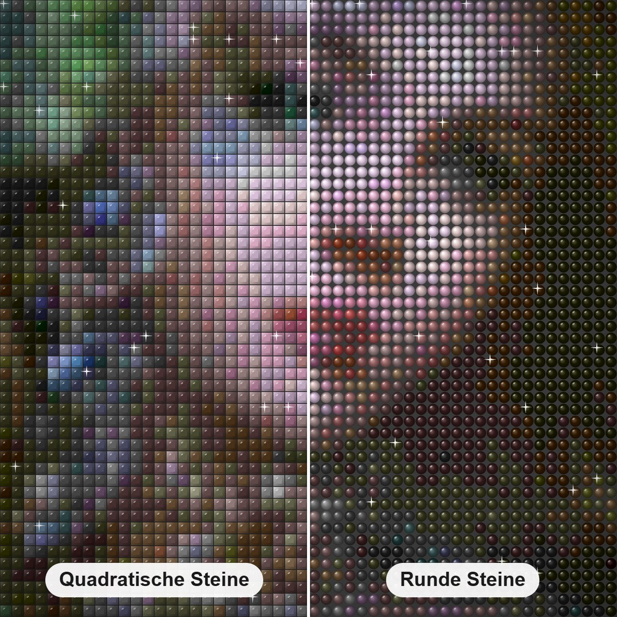 Verzauberte Schönheit Diamond Painting Nahaufnahme mit quadratischen und runden Steinen