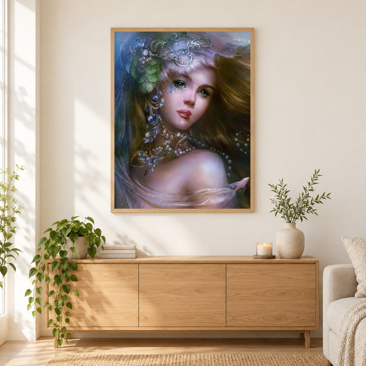 Verzauberte Schönheit als gerahmtes Diamond Painting im Wohnzimmer