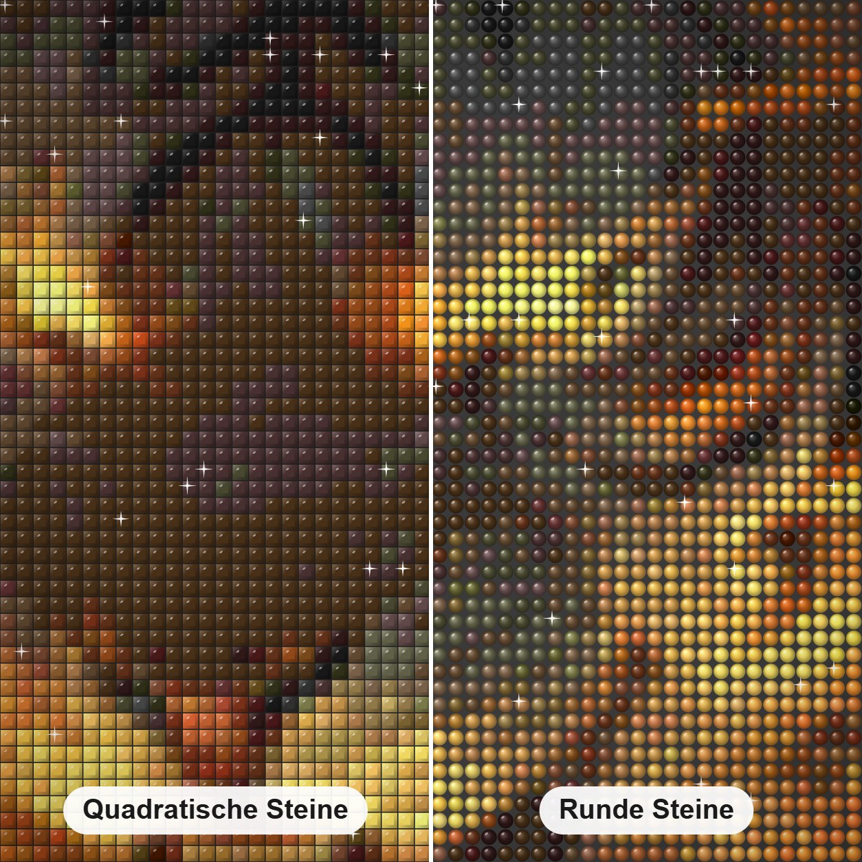 Lebendige Energie des Löwen Diamond Painting Nahaufnahme mit quadratischen und runden Steinen