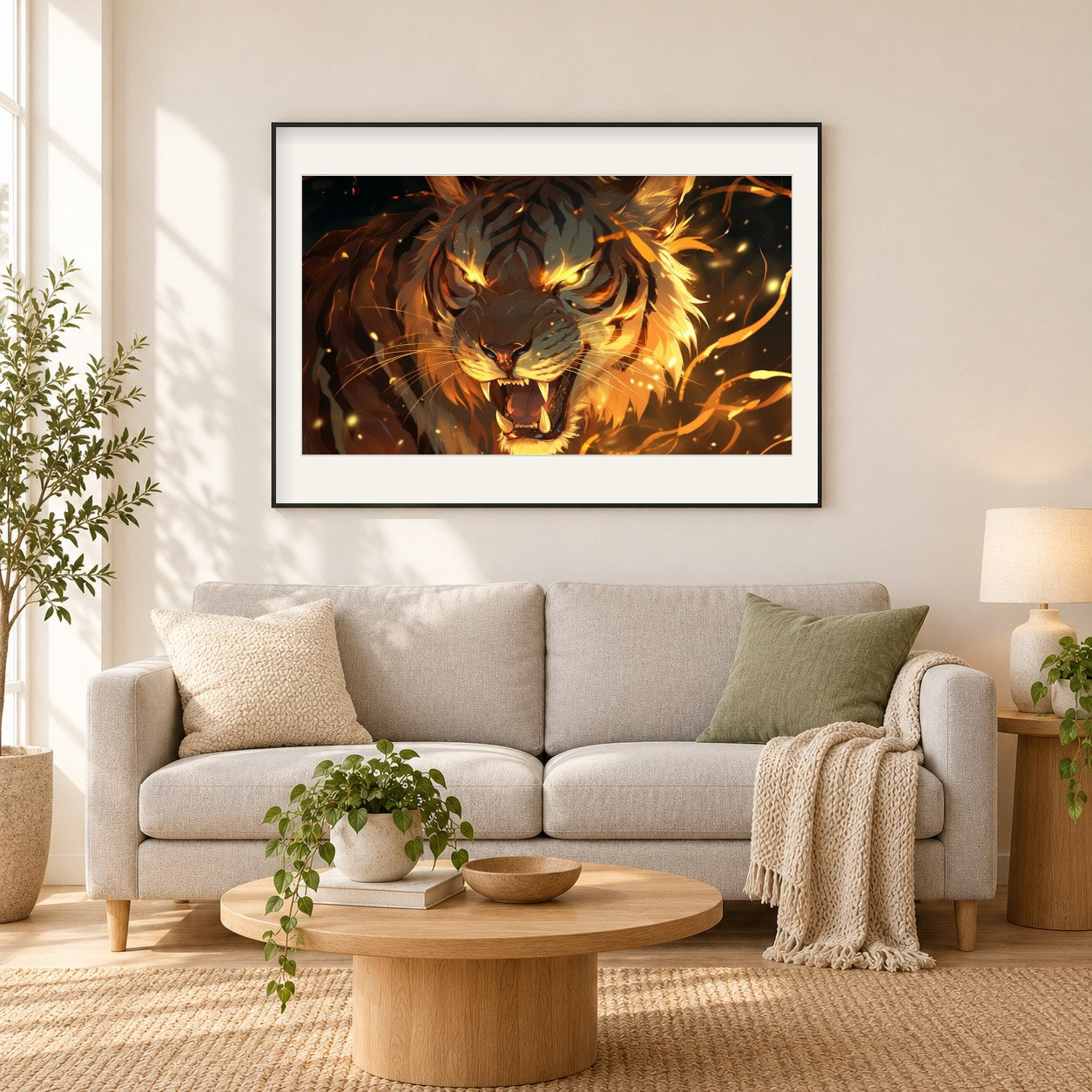 Lebendige Energie des Löwen als gerahmtes Diamond Painting im Wohnzimmer