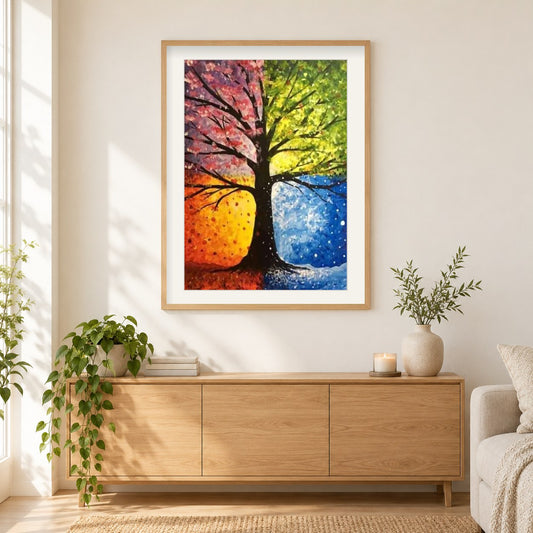 Vier Jahreszeiten als gerahmtes Diamond Painting im Wohnzimmer