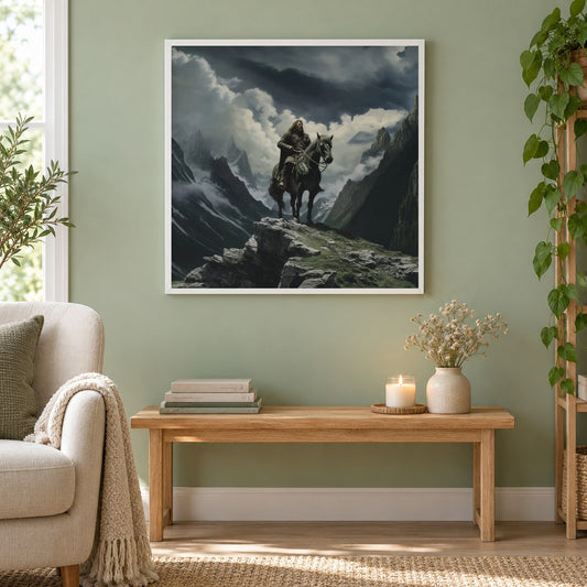 Wikinger auf Gebirgspferd als gerahmtes Diamond Painting im Wohnzimmer