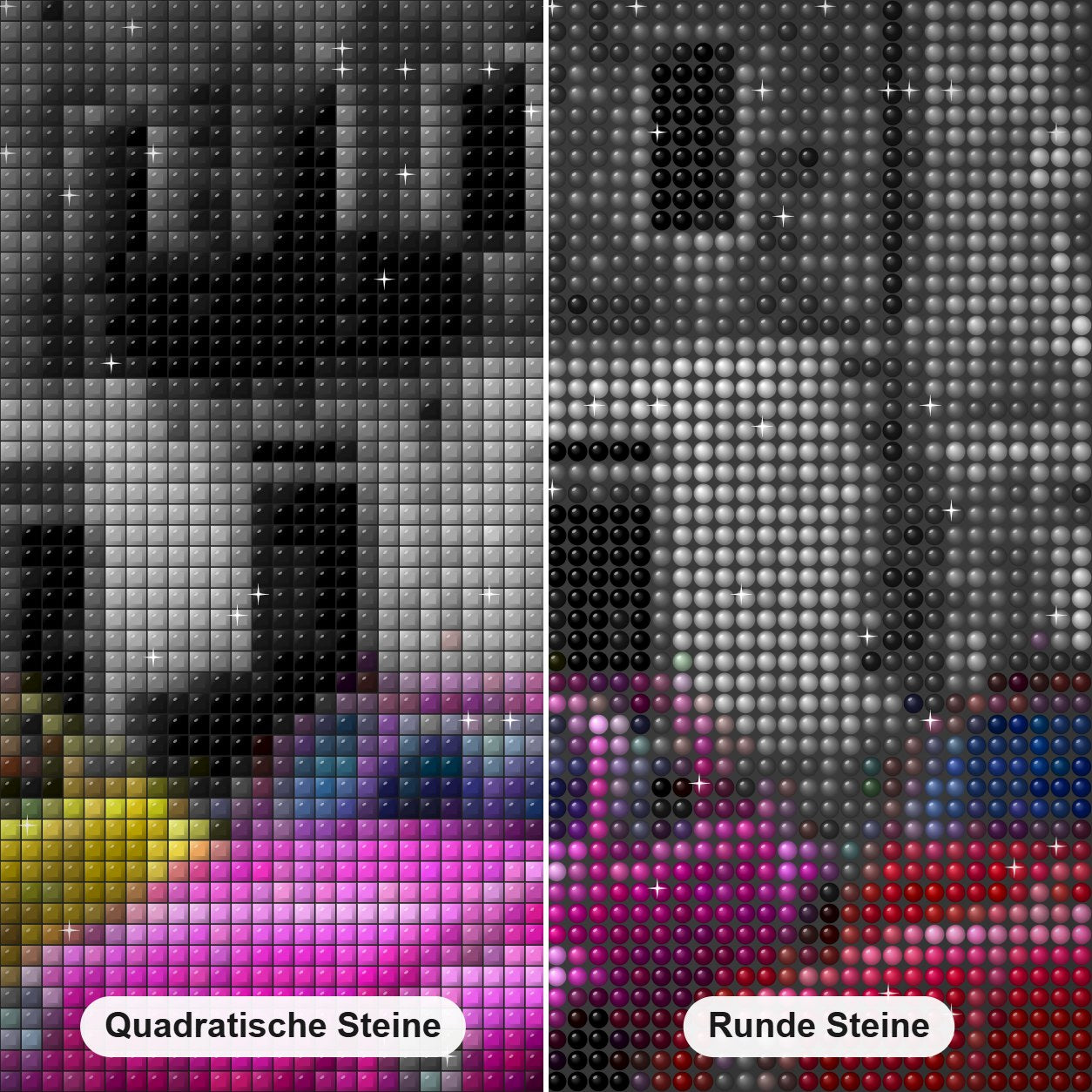 Diamantmalerei Oldtimer und Altstadt Diamond Painting Nahaufnahme mit quadratischen und runden Steinen