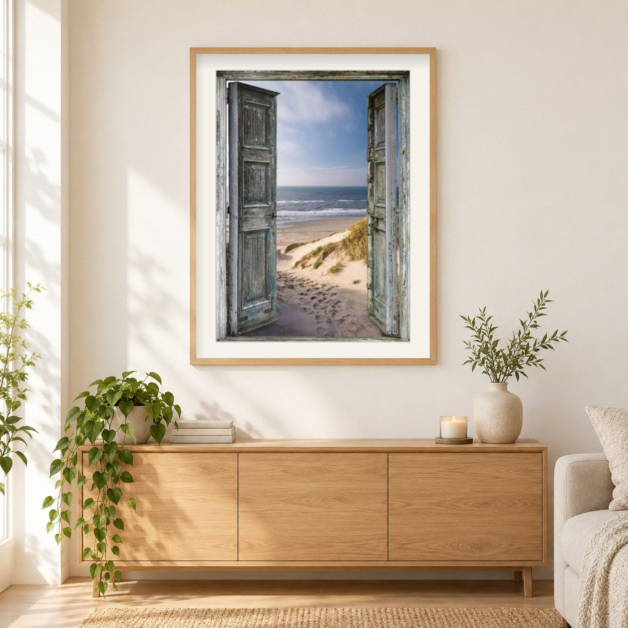 Vintage Tür zum Strand als gerahmtes Diamond Painting im Wohnzimmer
