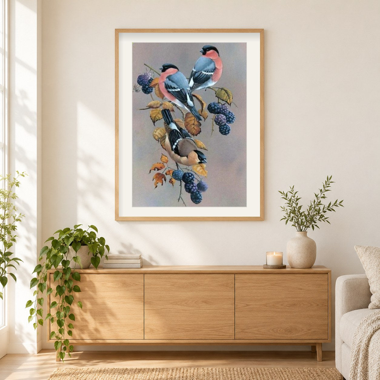 Vögel auf Beerenbaum als gerahmtes Diamond Painting im Wohnzimmer