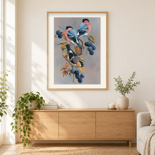 Vögel auf Beerenbaum als gerahmtes Diamond Painting im Wohnzimmer