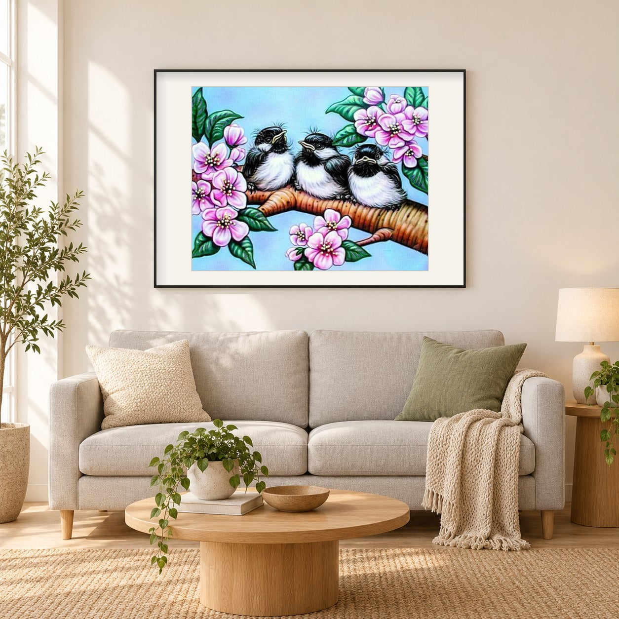 Vögel Babys & Blumen als gerahmtes Diamond Painting im Wohnzimmer