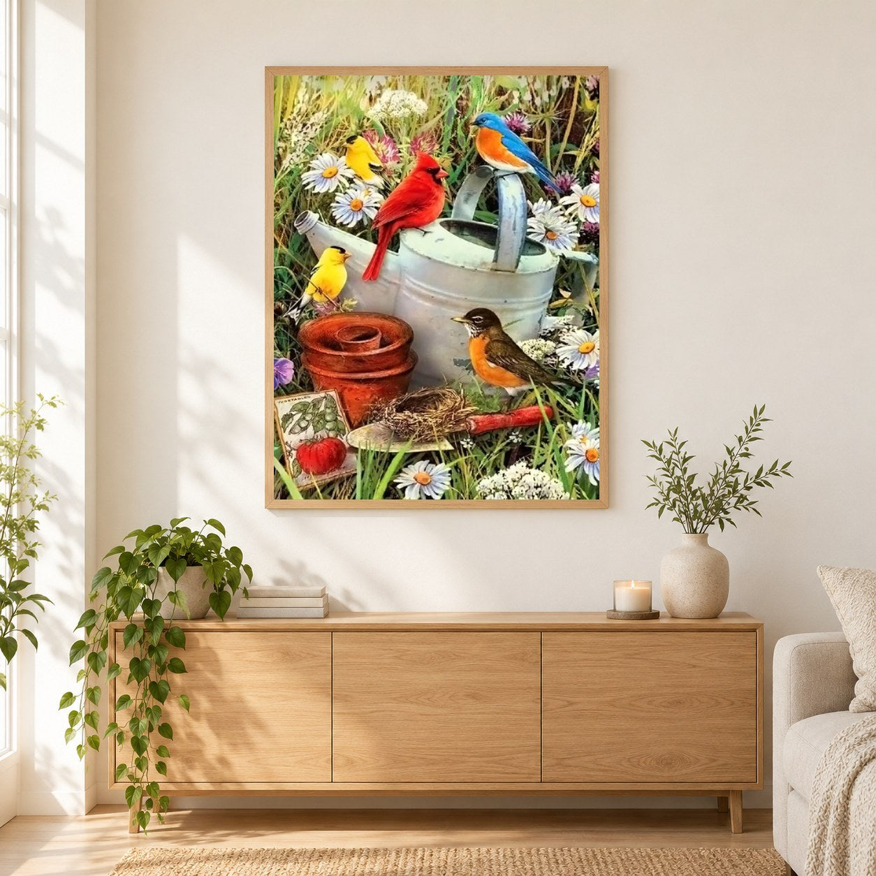 Vögel & Blumen als gerahmtes Diamond Painting im Wohnzimmer