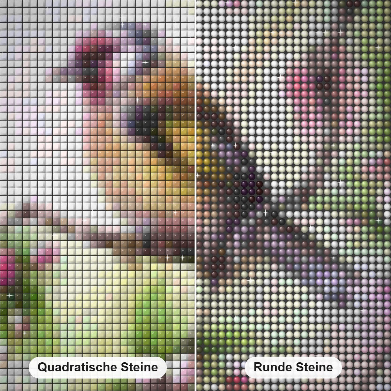 Vogel, der auf rosa Blumen Zweig sitzt Diamond Painting Nahaufnahme mit quadratischen und runden Steinen