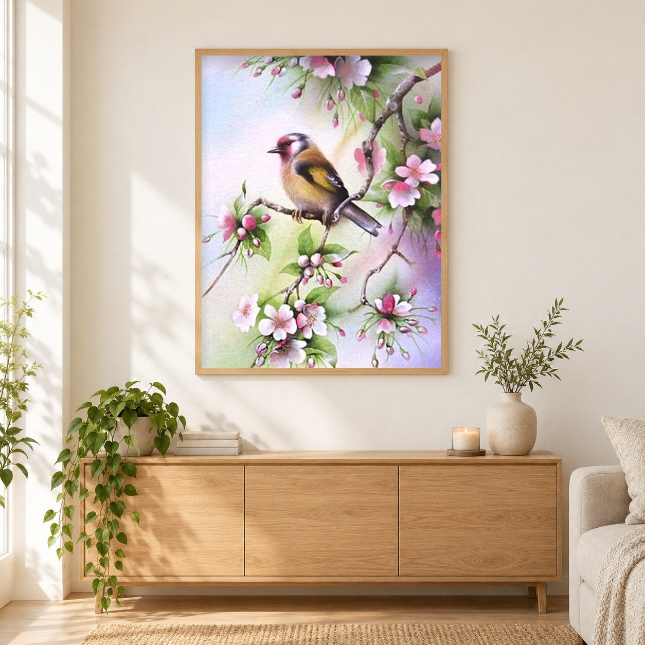 Vogel, der auf rosa Blumen Zweig sitzt als gerahmtes Diamond Painting im Wohnzimmer