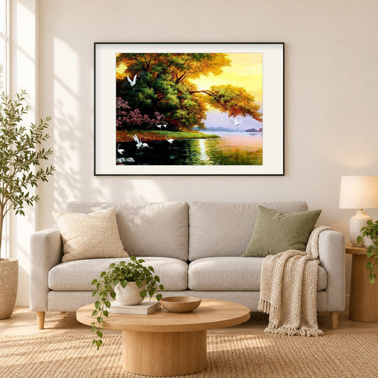 Vögel fliegen auf dem See als gerahmtes Diamond Painting im Wohnzimmer