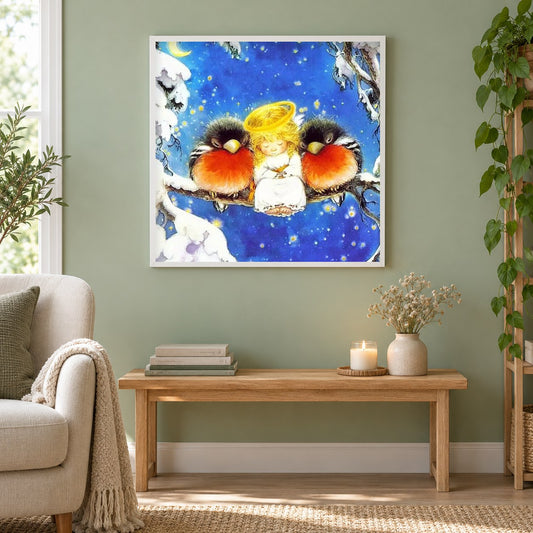Vögel & kleiner Engel als gerahmtes Diamond Painting im Wohnzimmer