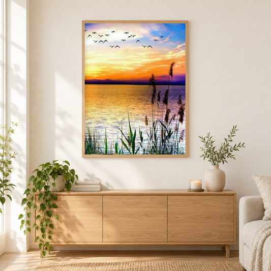 Vögel kommen nach Hause zurück als gerahmtes Diamond Painting im Wohnzimmer