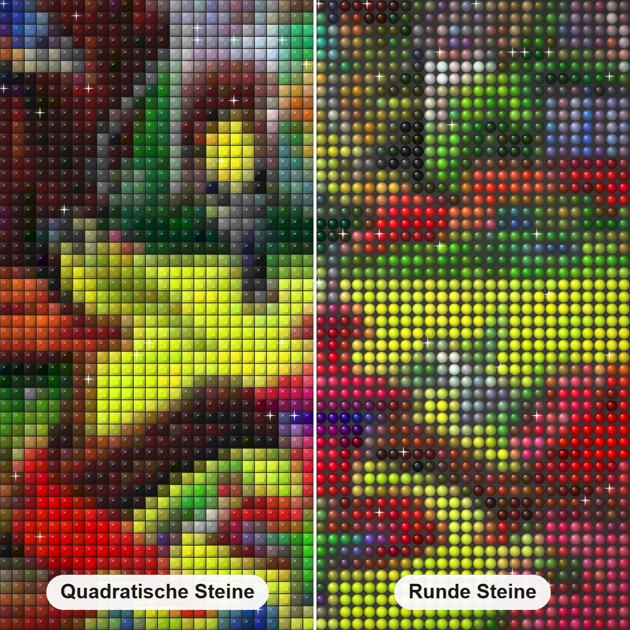 Vogelfreundlicher Garten Diamond Painting Nahaufnahme mit quadratischen und runden Steinen