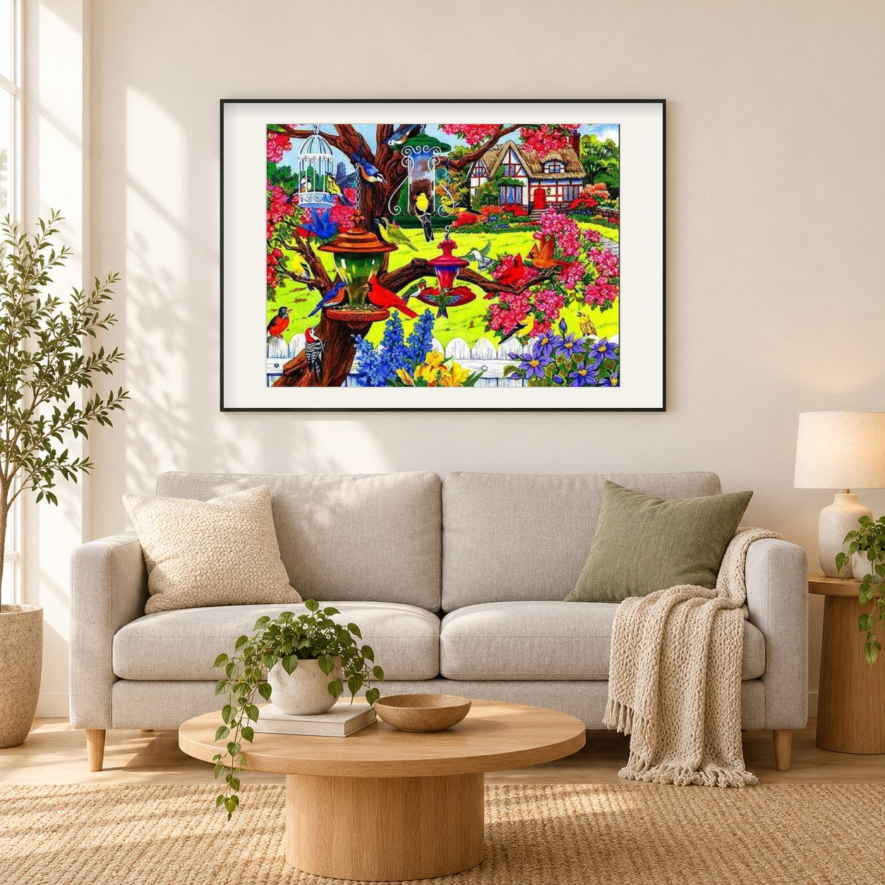 Vogelfreundlicher Garten als gerahmtes Diamond Painting im Wohnzimmer