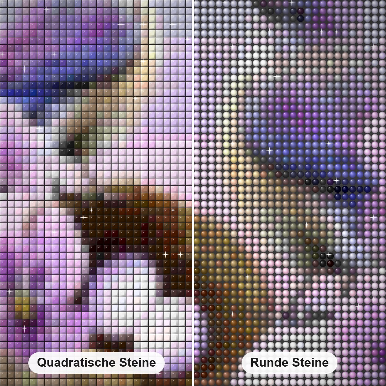 Vogelnest & Blumen Diamond Painting Nahaufnahme mit quadratischen und runden Steinen