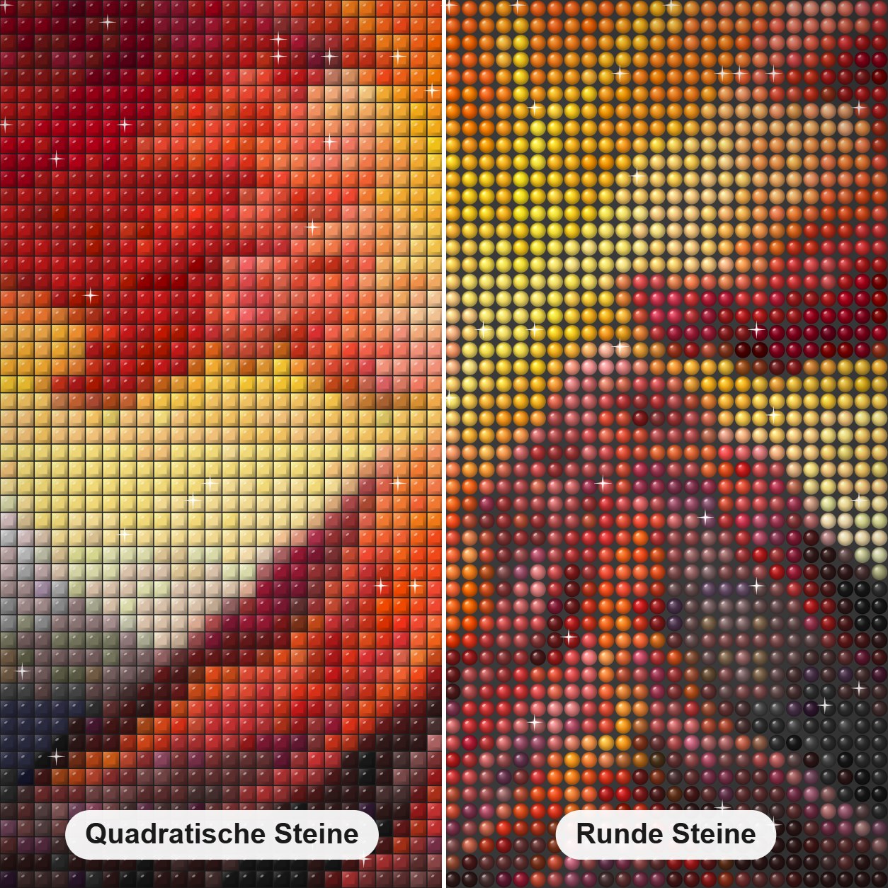 Explodierender Vulkan - Gemälde von Diamonds Diamond Painting Nahaufnahme mit quadratischen und runden Steinen