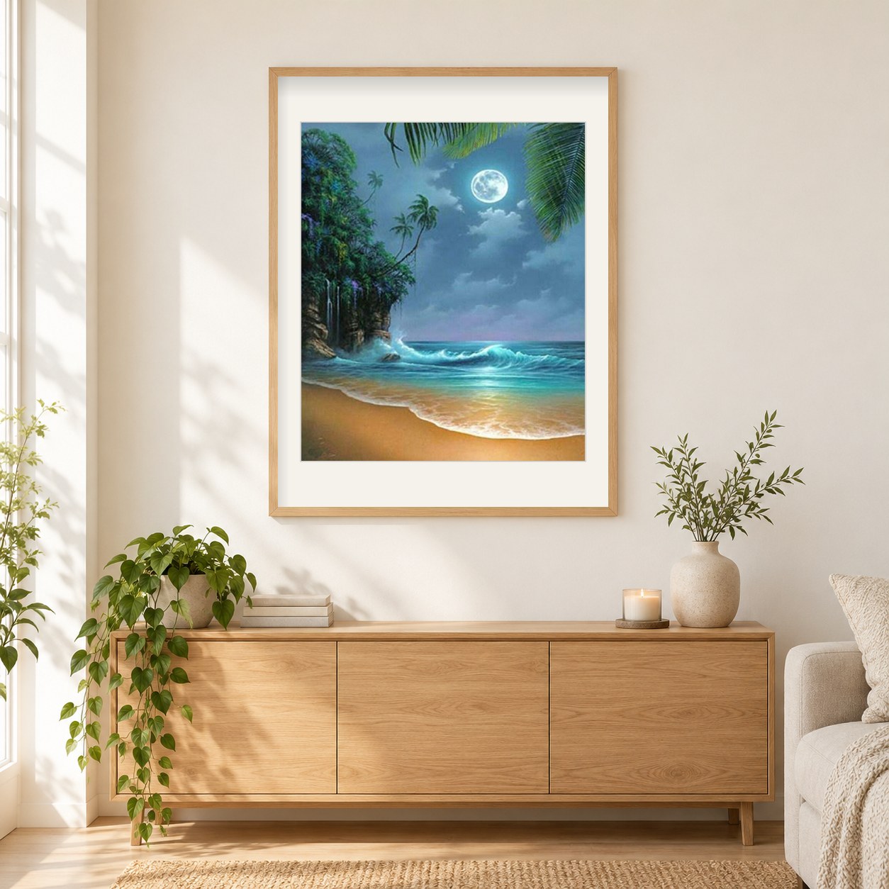 Vollmond am Strand. als gerahmtes Diamond Painting im Wohnzimmer