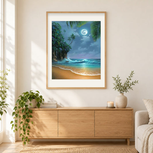 Vollmond am Strand. als gerahmtes Diamond Painting im Wohnzimmer