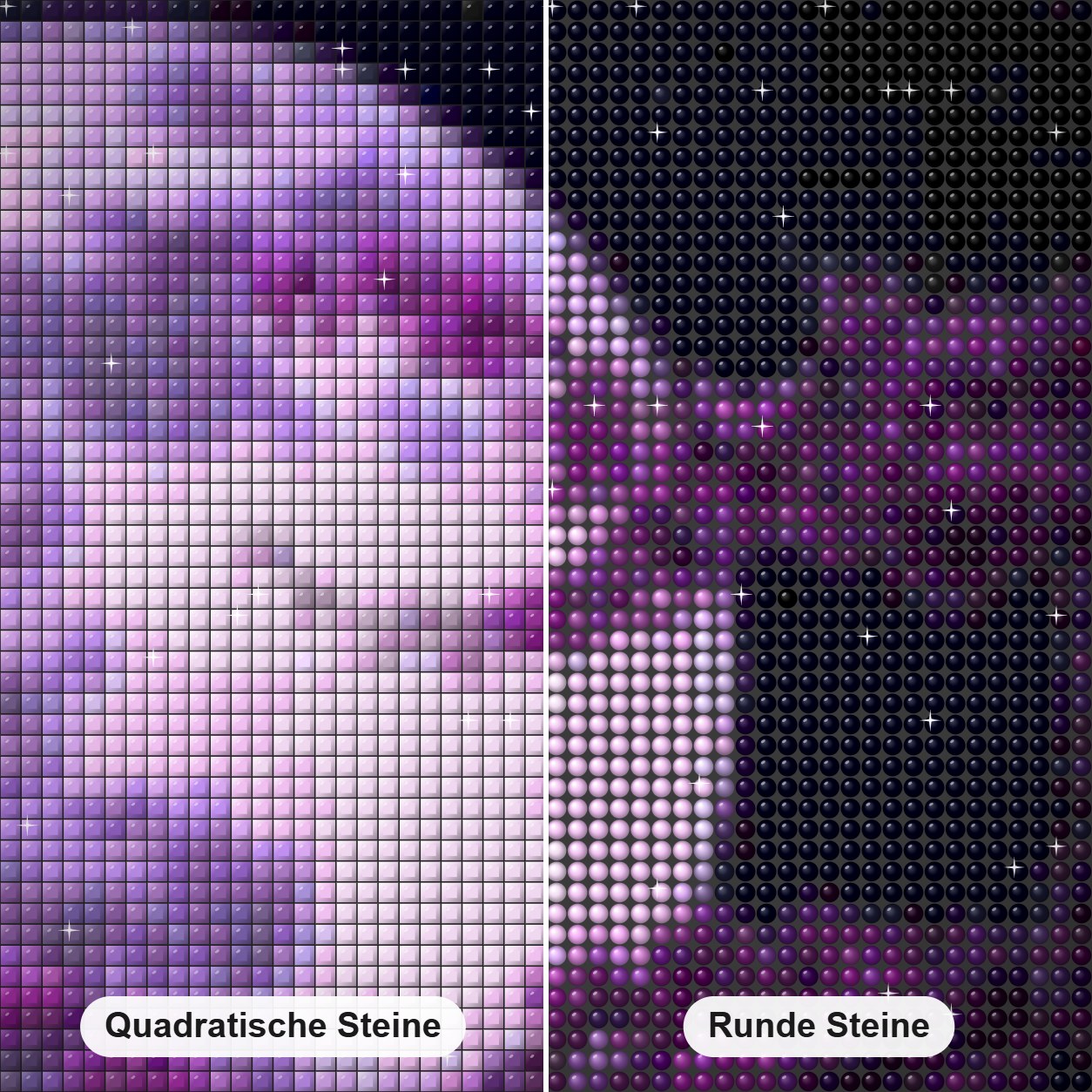 Vollmond Diamond Painting Nahaufnahme mit quadratischen und runden Steinen