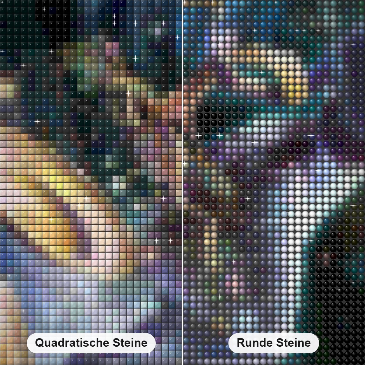 Waage Tierkreis Diamond Painting Nahaufnahme mit quadratischen und runden Steinen