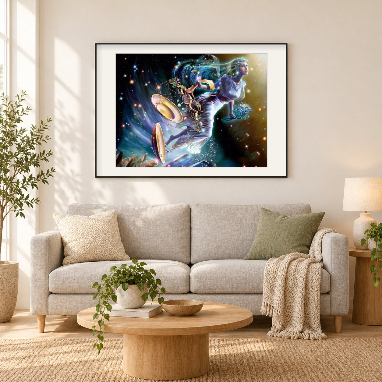 Waage Tierkreis als gerahmtes Diamond Painting im Wohnzimmer