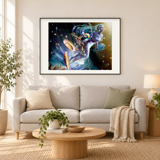 Waage Tierkreis als gerahmtes Diamond Painting im Wohnzimmer