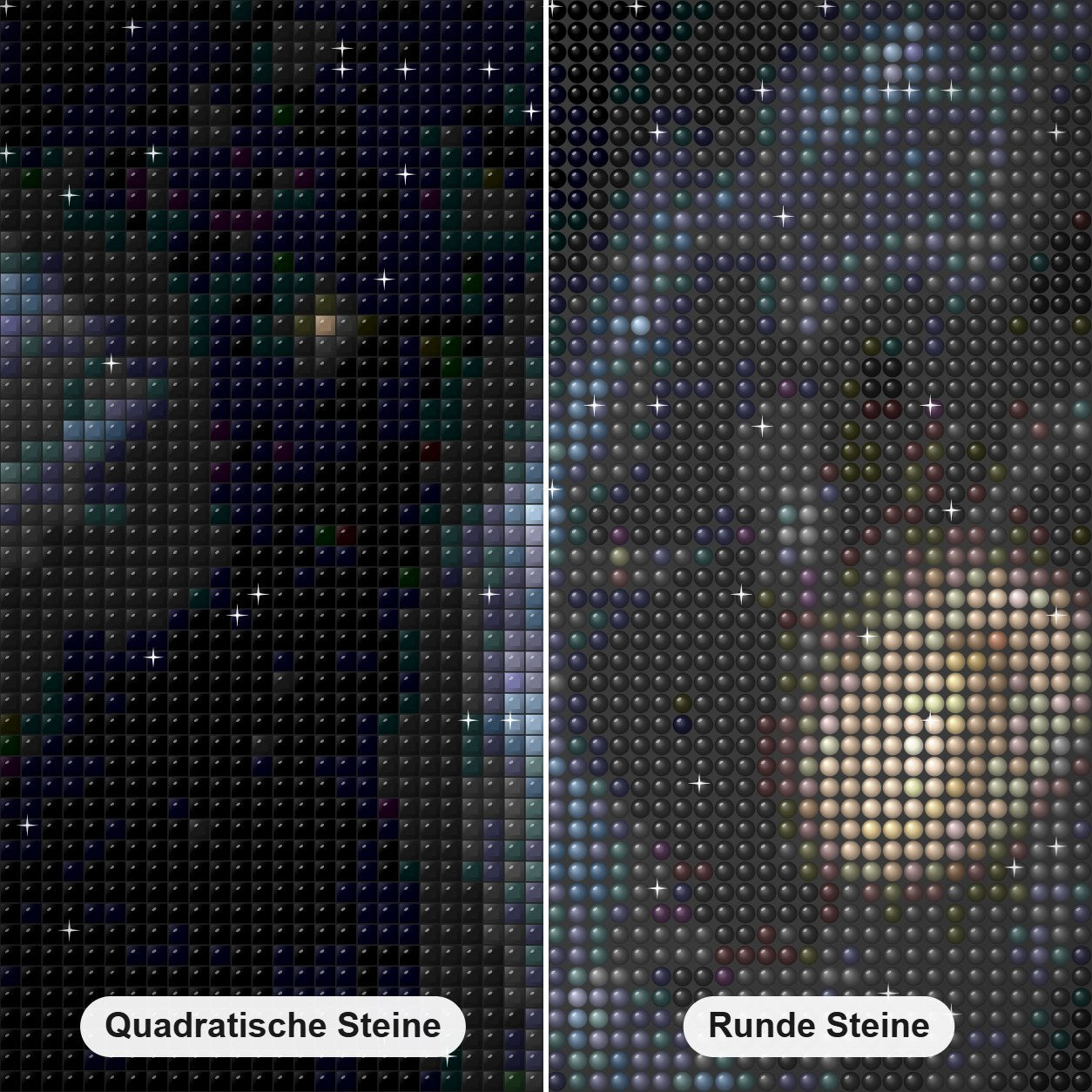 Wagenradgalaxie Diamond Painting Nahaufnahme mit quadratischen und runden Steinen