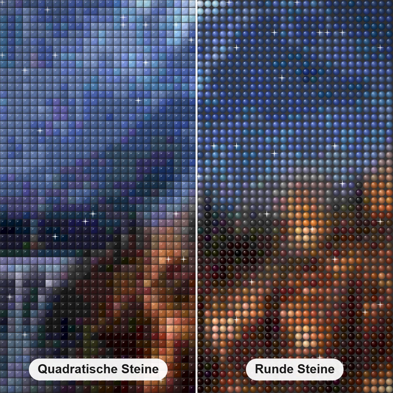 Waldbrand Diamond Painting Nahaufnahme mit quadratischen und runden Steinen