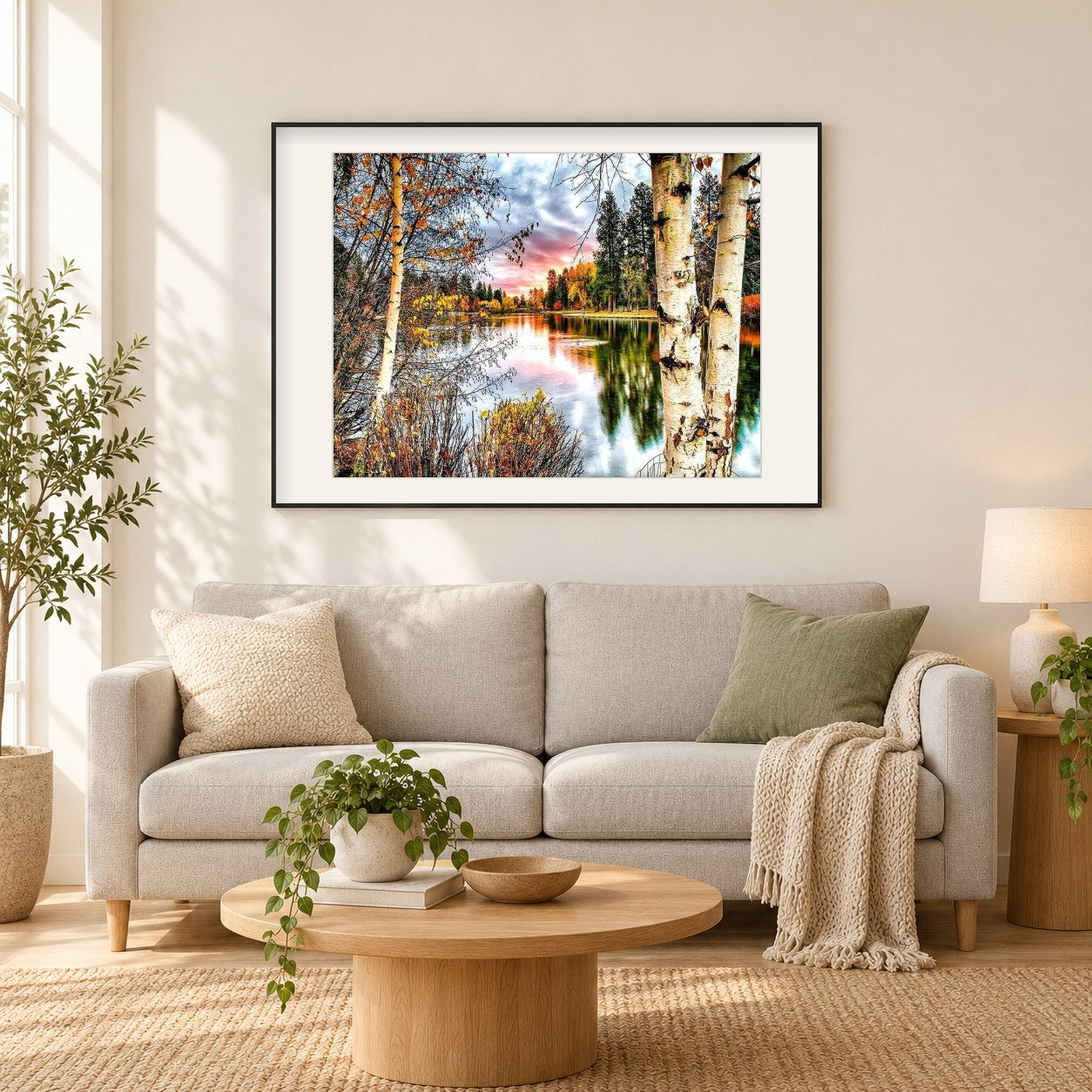 Waldlandschaft als gerahmtes Diamond Painting im Wohnzimmer