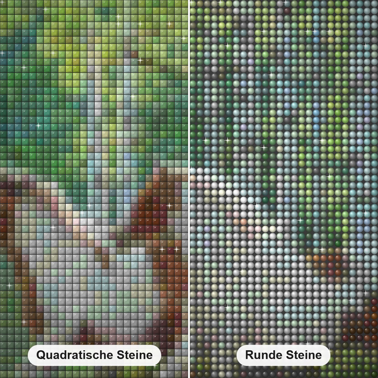 Waldpferde Diamond Painting Nahaufnahme mit quadratischen und runden Steinen