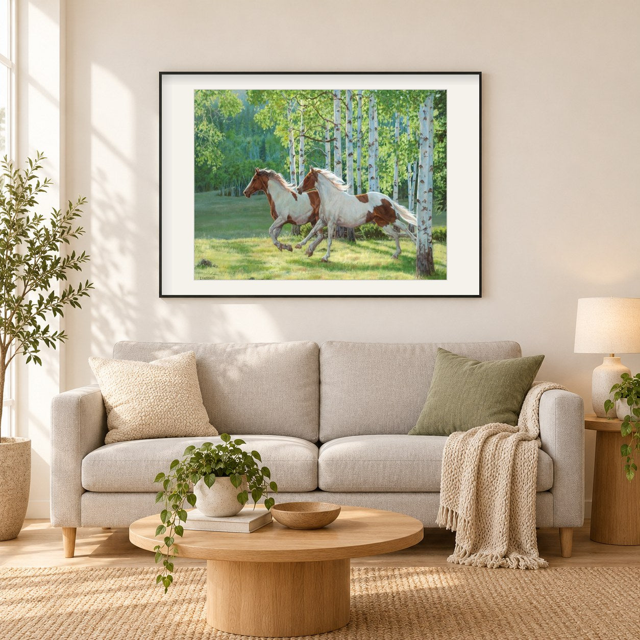 Waldpferde als gerahmtes Diamond Painting im Wohnzimmer