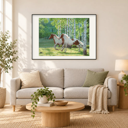 Waldpferde als gerahmtes Diamond Painting im Wohnzimmer