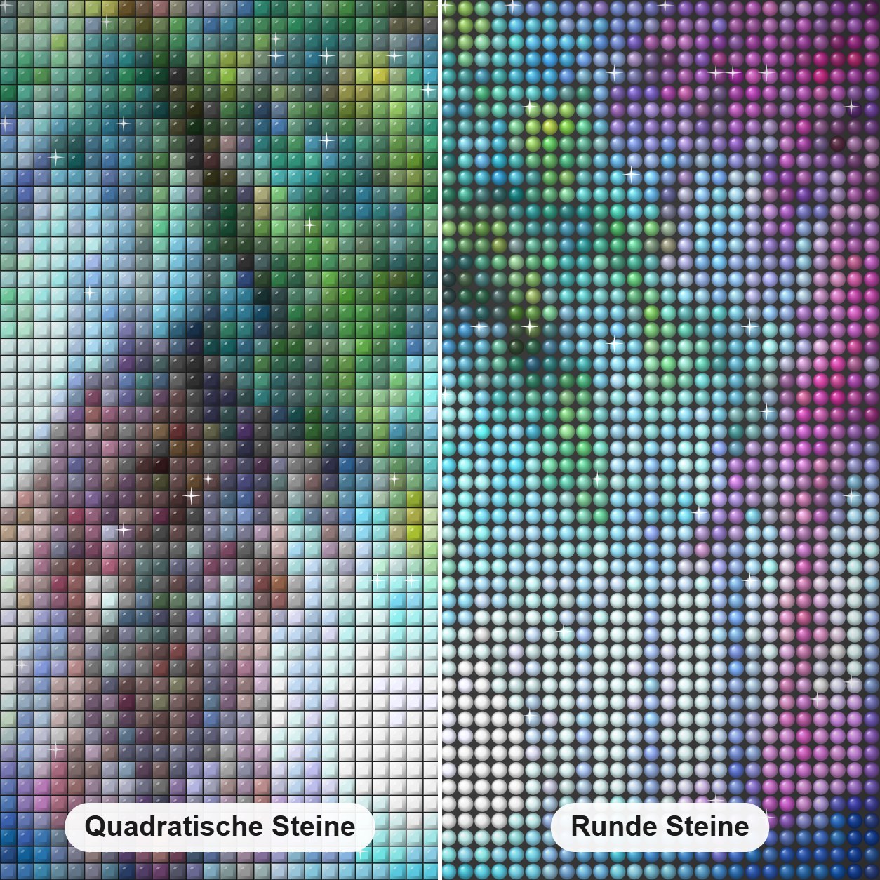 Waldtraumfänger Diamond Painting Nahaufnahme mit quadratischen und runden Steinen