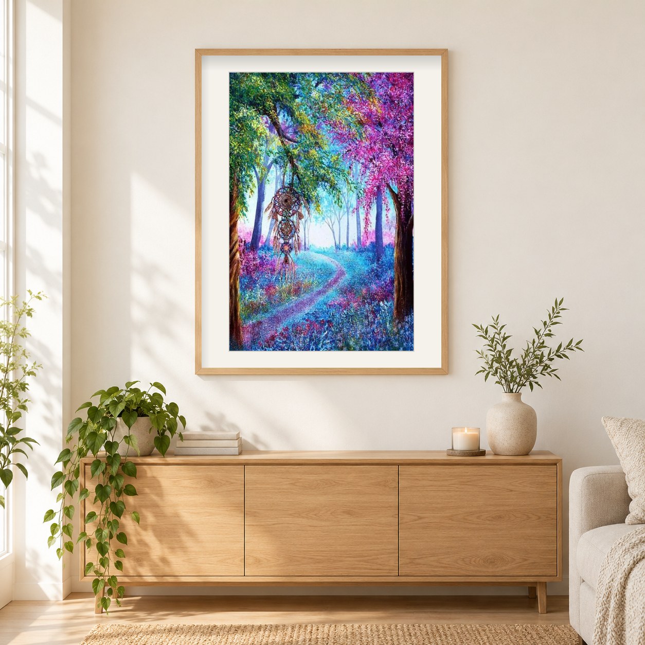 Waldtraumfänger als gerahmtes Diamond Painting im Wohnzimmer
