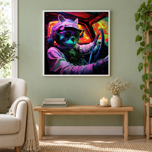 Willst du mit mir fahren als gerahmtes Diamond Painting im Wohnzimmer