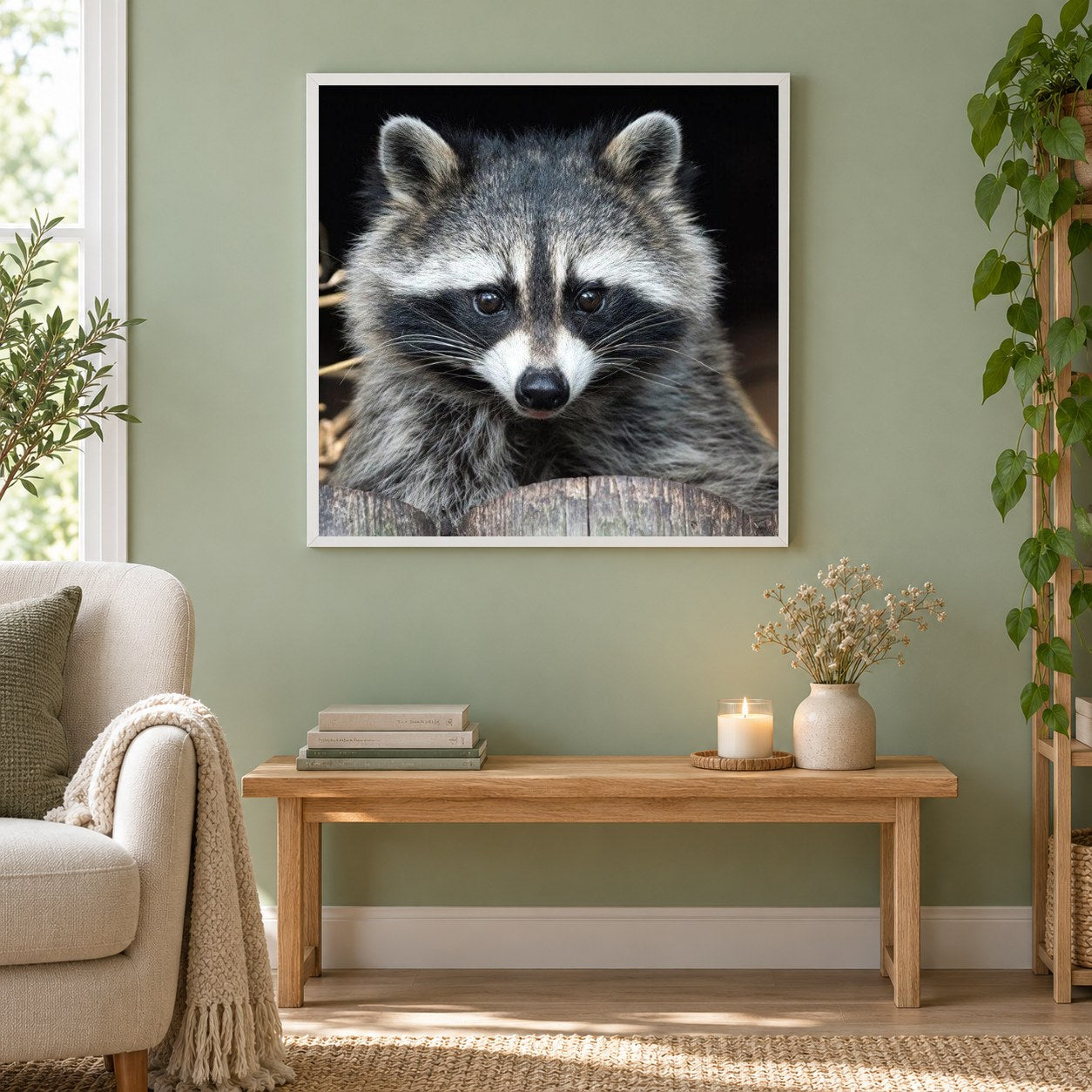 Waschbär als gerahmtes Diamond Painting im Wohnzimmer