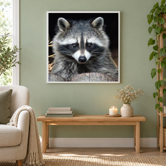 Waschbär als gerahmtes Diamond Painting im Wohnzimmer