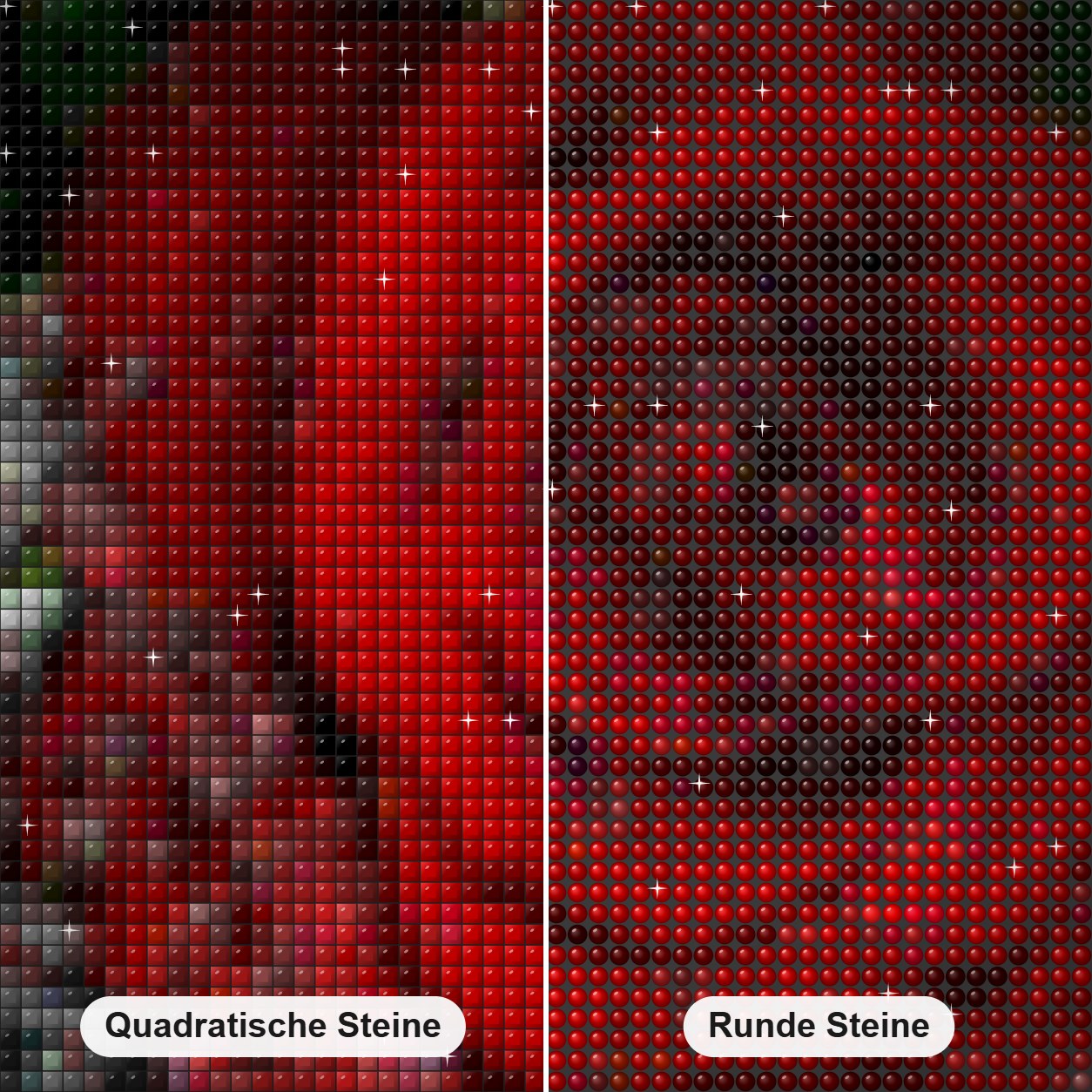 Wasser spritzt auf rote Rose Diamond Painting Nahaufnahme mit quadratischen und runden Steinen