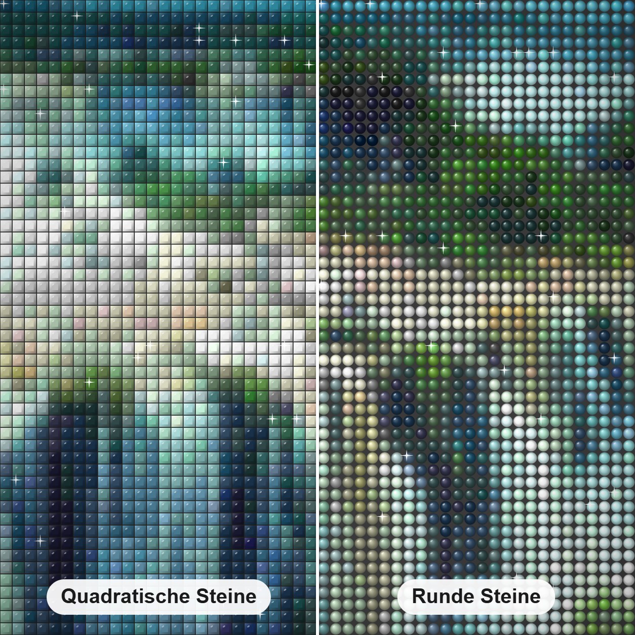Wasserfall DIY Mal-Kit Diamond Painting Nahaufnahme mit quadratischen und runden Steinen