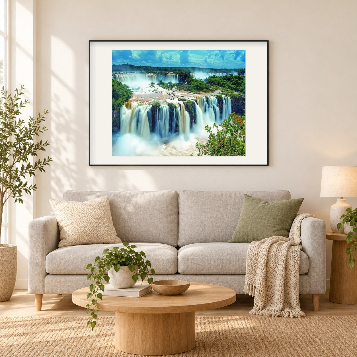 Wasserfall DIY Mal-Kit als gerahmtes Diamond Painting im Wohnzimmer