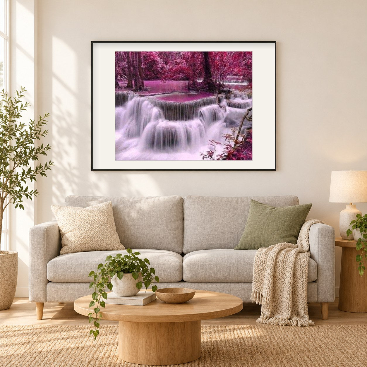 Wasserfall Landschaft als gerahmtes Diamond Painting im Wohnzimmer