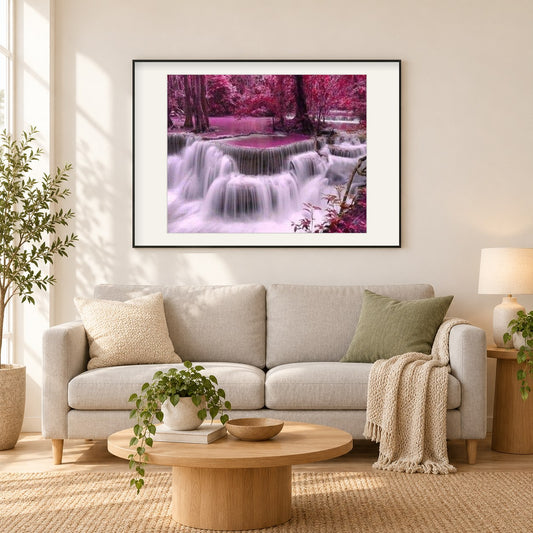 Wasserfall Landschaft als gerahmtes Diamond Painting im Wohnzimmer