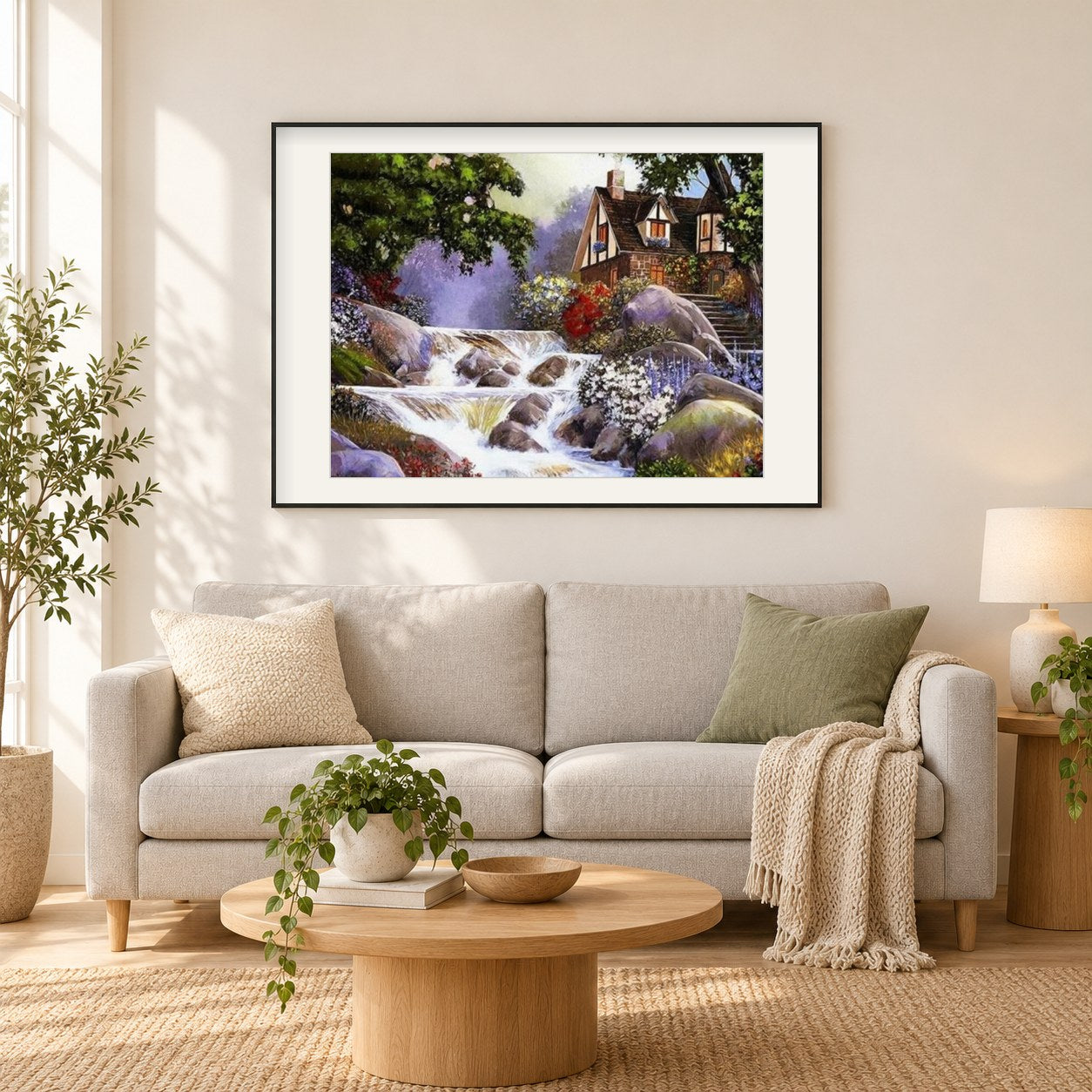 Wasserfall & schönes Haus als gerahmtes Diamond Painting im Wohnzimmer
