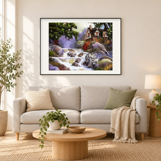 Wasserfall & schönes Haus als gerahmtes Diamond Painting im Wohnzimmer