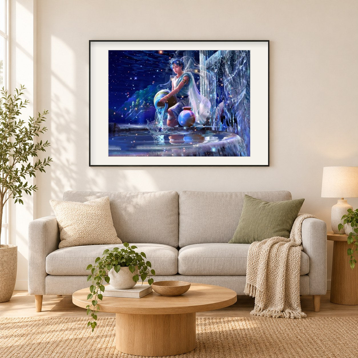Wassermann Sternzeichen als gerahmtes Diamond Painting im Wohnzimmer